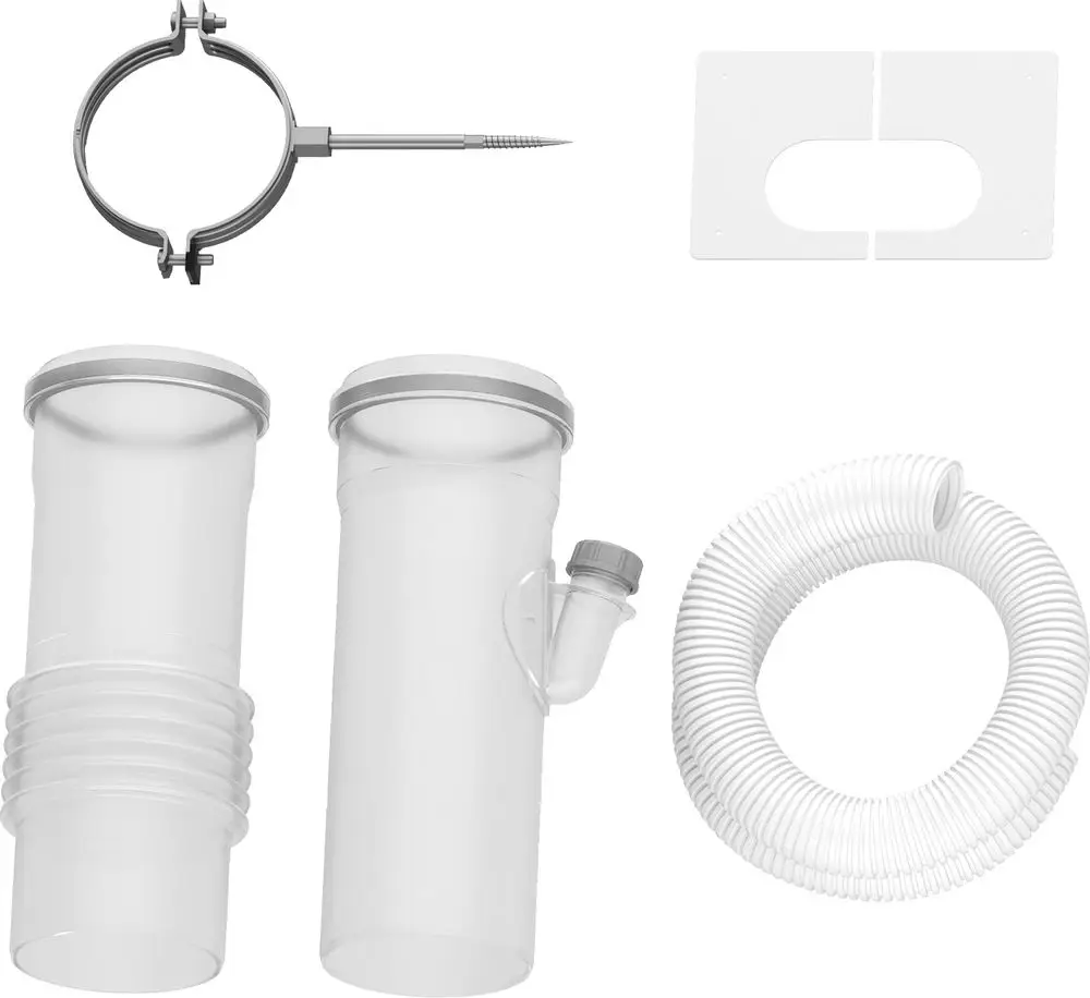 Zubehörset für Abgasanlagen, bestehend aus zwei transparenten Rohren, einem Halterungsring, einer Dichtung und einem flexiblen Schlauch. Kompatibel mit Bosch-Systemen.